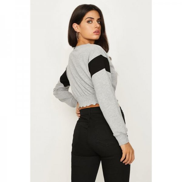 Grey Marl Shirred Hem Crop Sweat