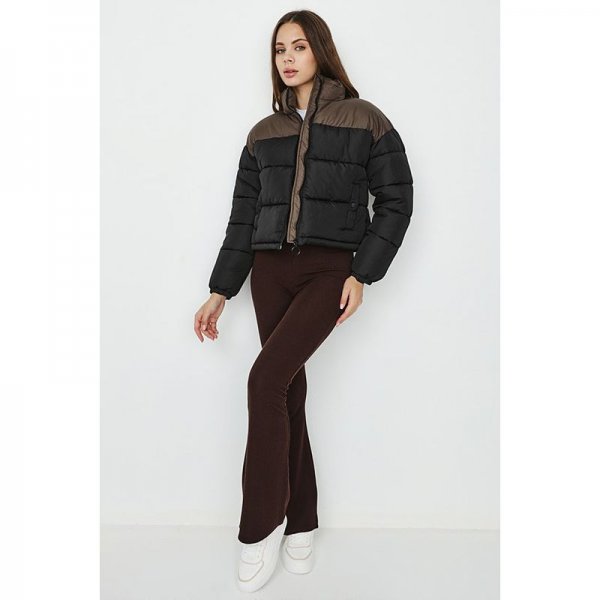 Black-Choc Colour Block Funnel Neck Puffer Jacket