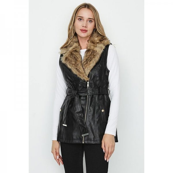 Black Fur Collar Faux Leather Gilet