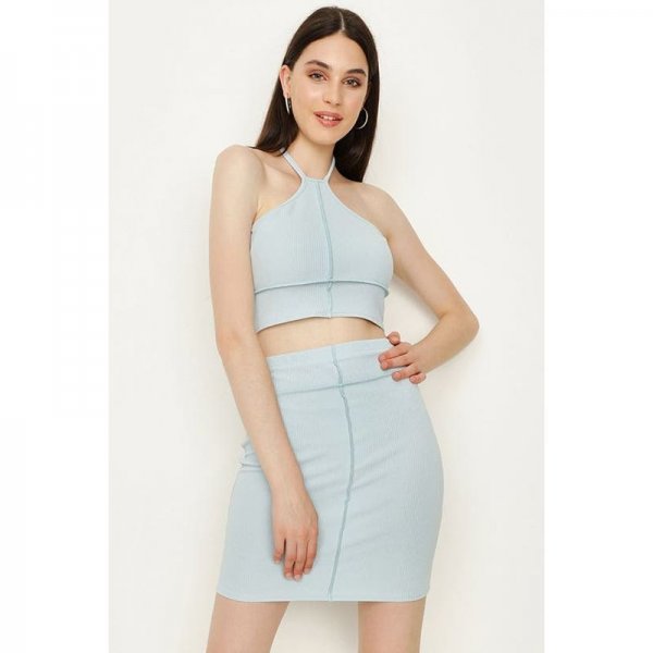 Baby Blue Ribbed Exposed Seam Halter Neck Co-Ord