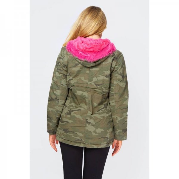 Camo Green Parka Coat With Pink Faux Fur Trim