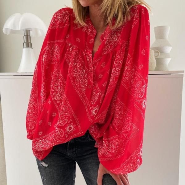 Showy Red Print Long Sleeve Blouse