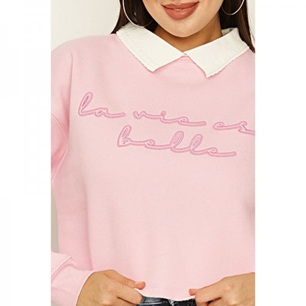 Pop Pink La Vie Est Belle Contrast Collar Sweat