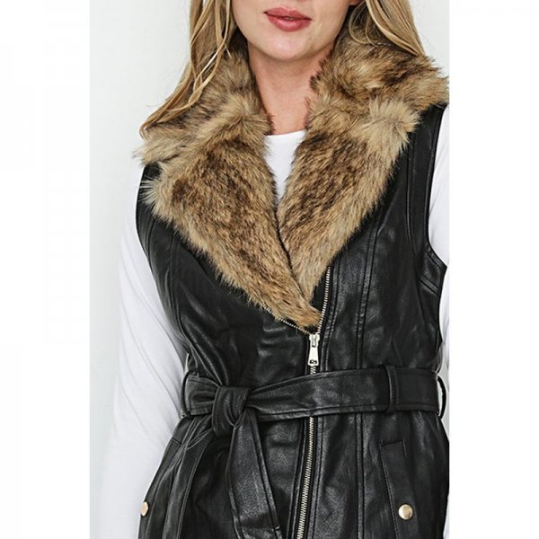 Black Fur Collar Faux Leather Gilet