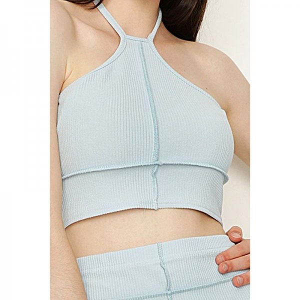 Baby Blue Ribbed Exposed Seam Halter Neck Co-Ord