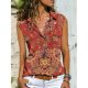 Red Print Collar Buttons Down Sleeveless Shirt