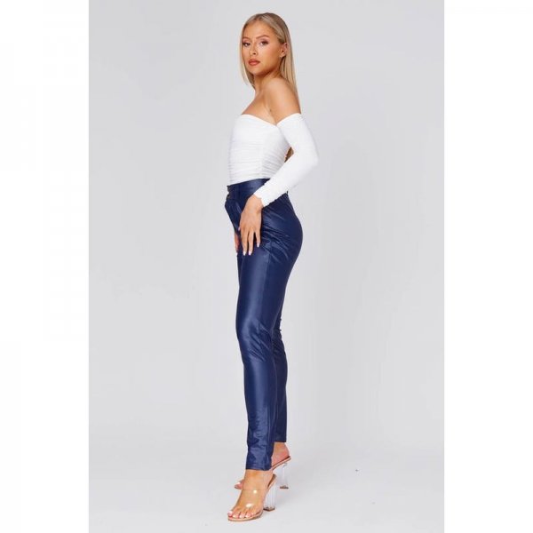 Navy Faux Leather Slim Trousers