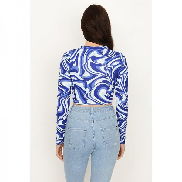 Blue Swirl Ruched Front Crop Top