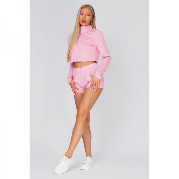 Pink Zip Up Cropped Sweater And Shorts Set