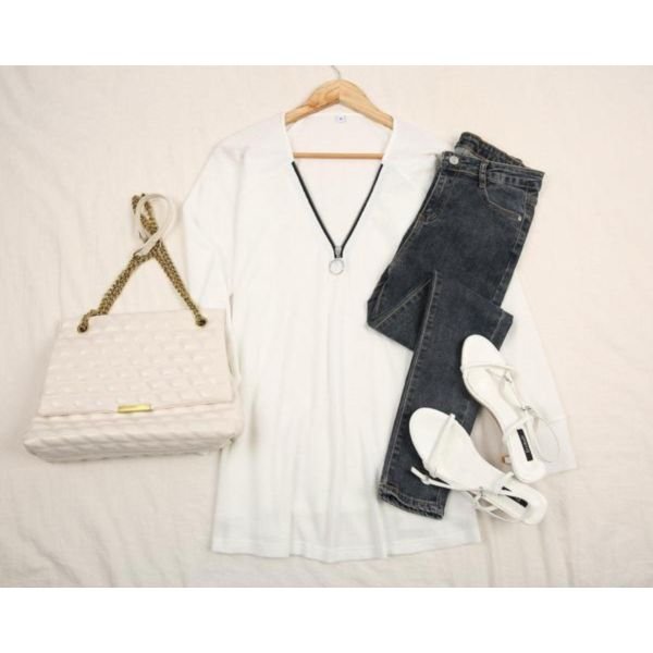 Chic Zipper V-Neck Long Sleeve Long Tee