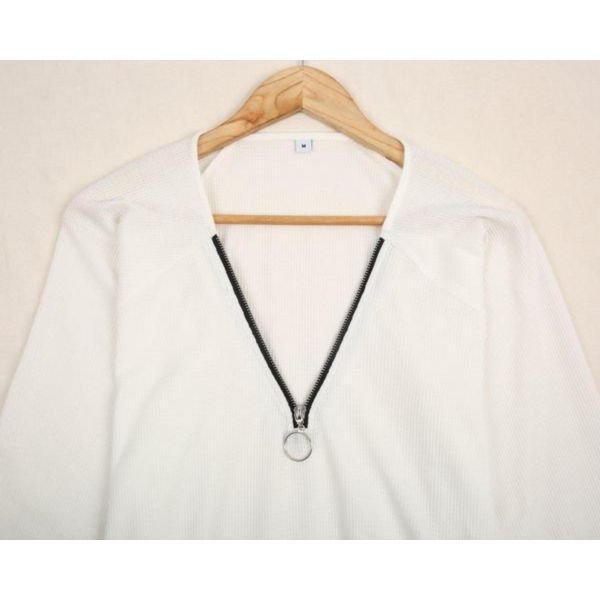 Chic Zipper V-Neck Long Sleeve Long Tee