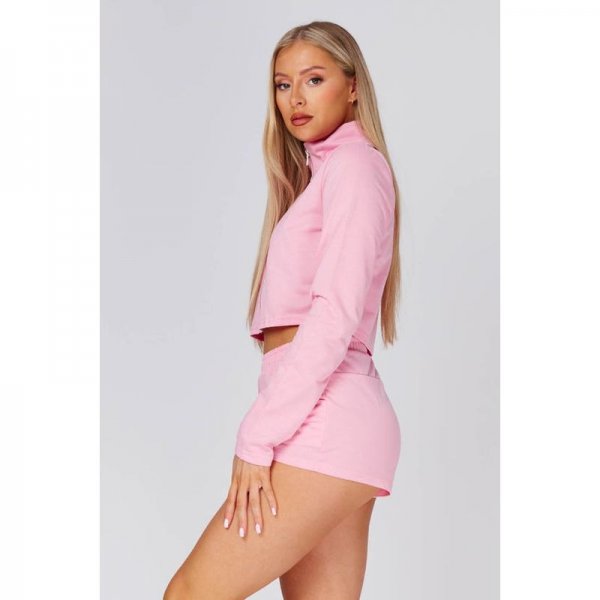 Pink Zip Up Cropped Sweater And Shorts Set