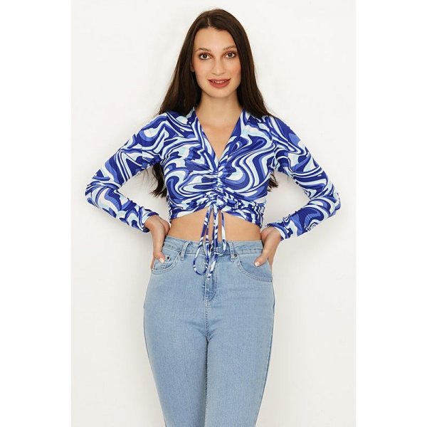 Blue Swirl Ruched Front Crop Top