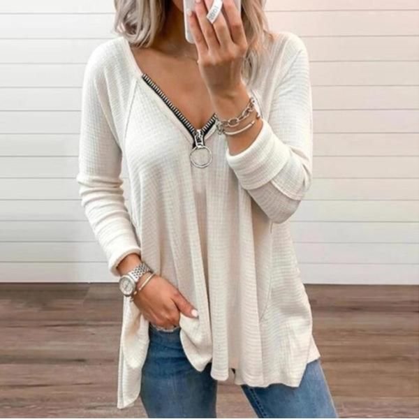 Chic Zipper V-Neck Long Sleeve Long Tee