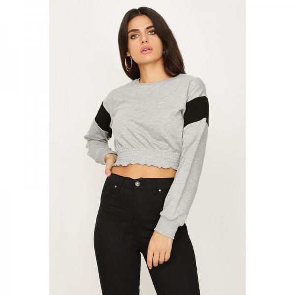 Grey Marl Shirred Hem Crop Sweat