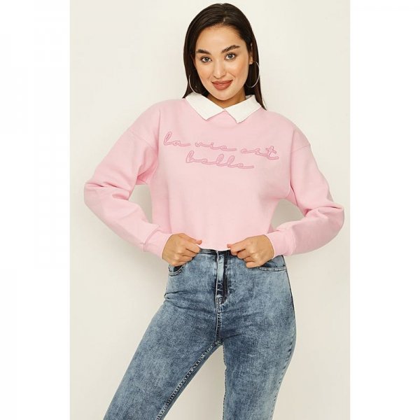 Pop Pink La Vie Est Belle Contrast Collar Sweat