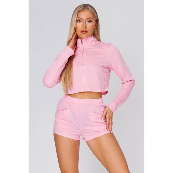 Pink Zip Up Cropped Sweater And Shorts Set