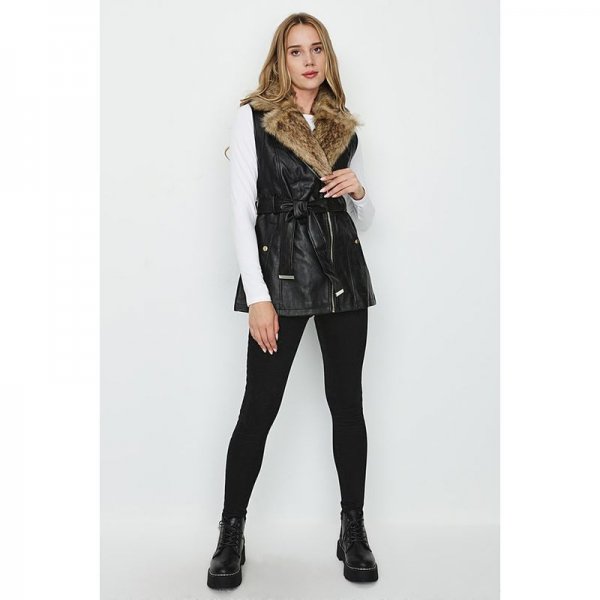 Black Fur Collar Faux Leather Gilet