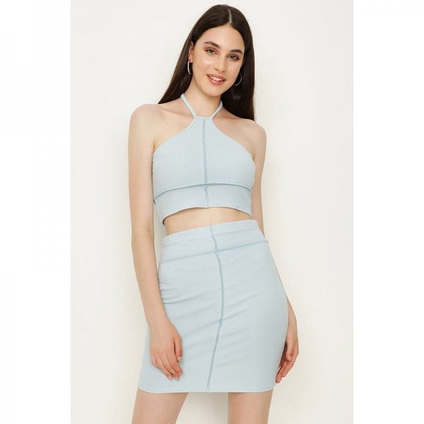 Baby Blue Ribbed Exposed Seam Halter Neck Co-Ord