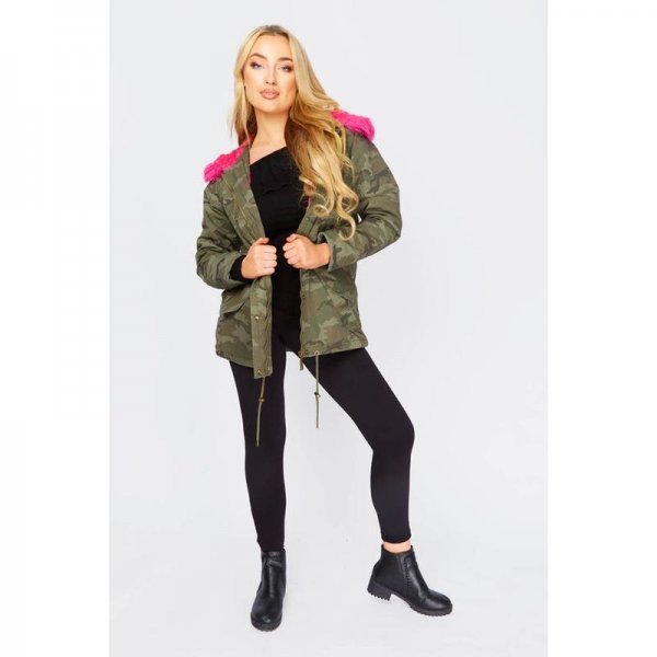 Camo Green Parka Coat With Pink Faux Fur Trim