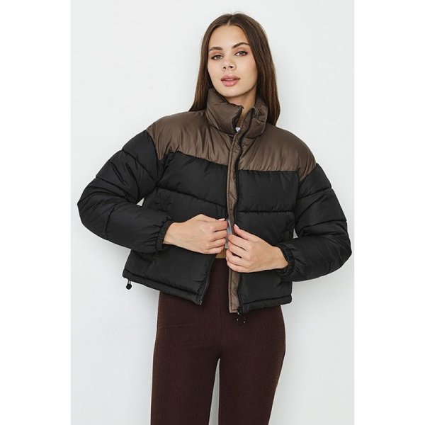 Black-Choc Colour Block Funnel Neck Puffer Jacket