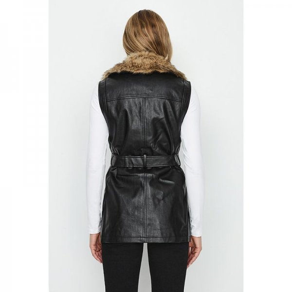 Black Fur Collar Faux Leather Gilet