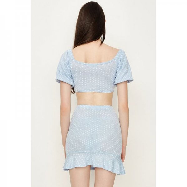 Baby Blue Polka Dot Ruched Front Puff Sleeve Co-Ord Top