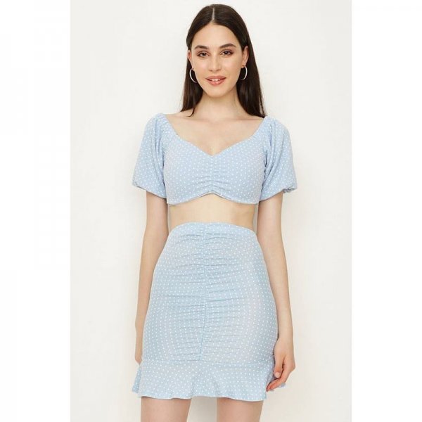 Baby Blue Polka Dot Ruched Front Puff Sleeve Co-Ord Top