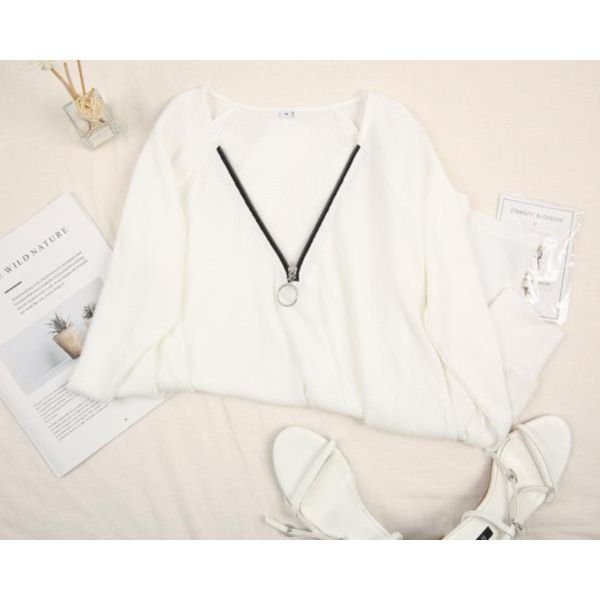 Chic Zipper V-Neck Long Sleeve Long Tee