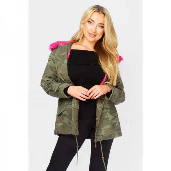 Camo Green Parka Coat With Pink Faux Fur Trim